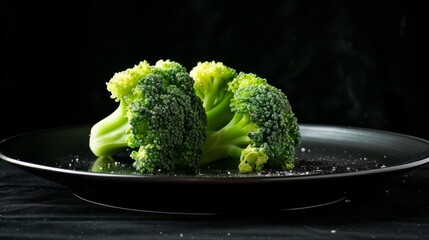 Fresh broccoli on a black plate on a black background. Healthy vegetarian food