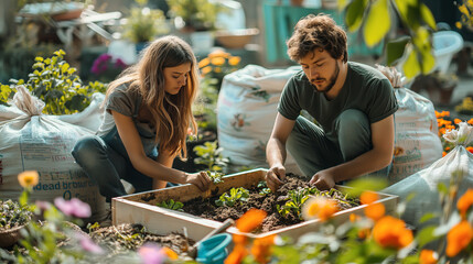 Urban Gardening Couple Planting Vegetables in Wooden Planter Box