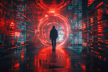 Obraz premium Silhouette of person walks in digital world. Man standing in futuristic cyberspace
