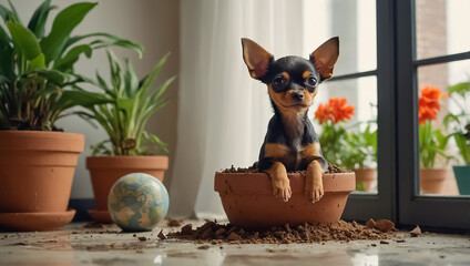 Puppy at home, flowerpot, earth