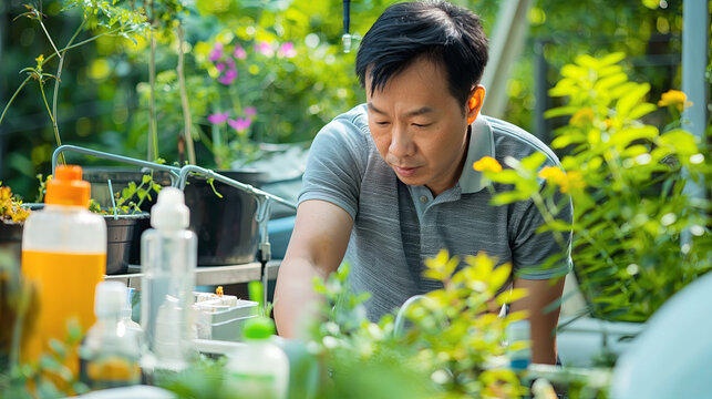 Man Engaged in Urban Gardening Amongst Lush Green Plants