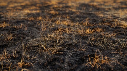 Scorched earth with burnt grass after a fire. AI generated.