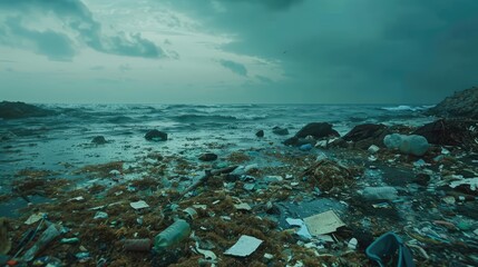 Obraz premium Shore is polluted with garbage. AI generated.