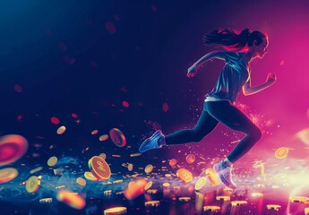 Woman earning cryptocurrency by running with NFT sneakers in the MOVE TO EARN crypto trend. Generative AI 3D illustration.