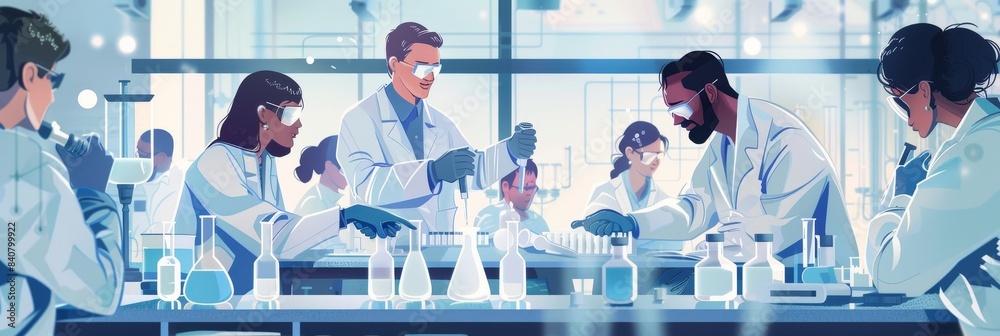 Poster a research and development team testing new products in a lab, illustrating the innovation and exper