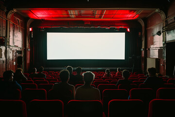 Obraz premium Cinema blank screen and silhouettes of people in red chairs