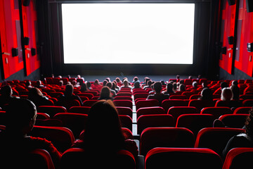 Obraz premium Cinema blank screen and silhouettes of people in red chairs