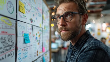 Focused professional planning on a whiteboard filled with colorful notes and diagrams in a creative office environment.