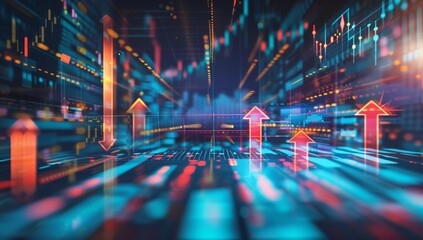 Digital background featuring glowing arrows and graphs, representing stock market growth or business performance.