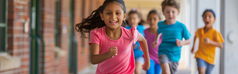 Joyful group of children running inside a colorful classroom, expressing excitement and energy during playtime or break.