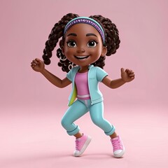 Happy african american black girl with pigtails dances joyfully. Cartoon character