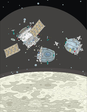 Fragments of a spaceship destroyed during deorbit and landing on the lunar surface, vector cartoon illustration
