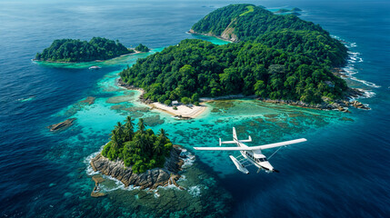 Aerial view of a tropical island with lush greenery, turquoise waters, and a seaplane landing on a serene beach, ideal for exclusive getaways and adventure travel