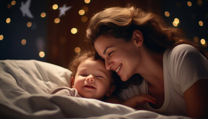Night shot of happy smiling mother lying on bed
