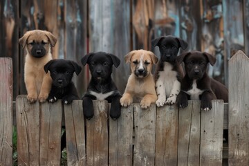 A group of adorable black and brown puppies peeking over an old wooden fence, gazing directly at the camera. The light is bright and natural. Space for copy.