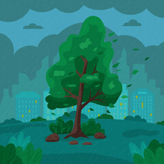 Flat tree concept of rainy day on city view background with houses. Hand drawn image of stormy windy cloudy wet weather. Vector cartoon illustration of showery day with tree for poster or template