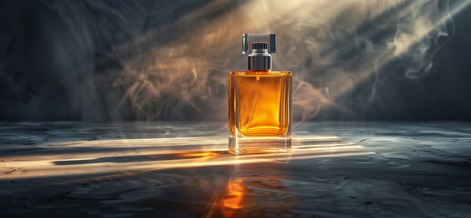 bottle of perfume ,A bottle of perfume stands on the table, illuminated by light rays from behind