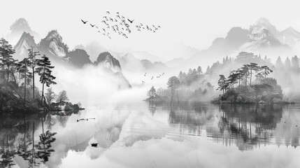 wallpaper vintage chinese landscape drawing of lake with birds trees and fog in black and white design for wallpaper, wall art, print, fresco, mural