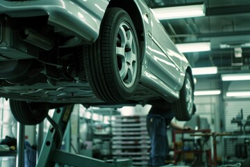 Mechanic Repairing Car Brakes on Hydraulic Lift in Modern Auto Repair Shop