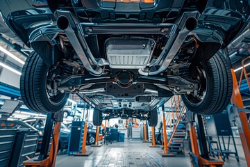 Fototapeta premium Mechanic Inspecting Car Undercarriage at Auto Service Center on Hydraulic Lift
