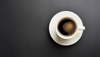 White cup of coffee on a black background, flat lay