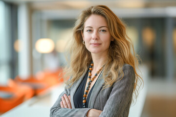 A confident businesswoman posing for a portrait in her office, exuding professionalism and determination