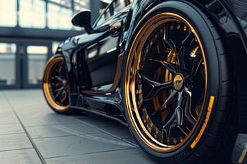 Close-up of Custom Car Wheels and Tires Showcasing Unique Design Materials for High-Quality Automotive Appeal