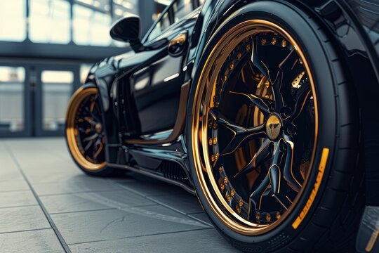 Close-up of Custom Car Wheels and Tires Showcasing Unique Design Materials for High-Quality Automotive Appeal