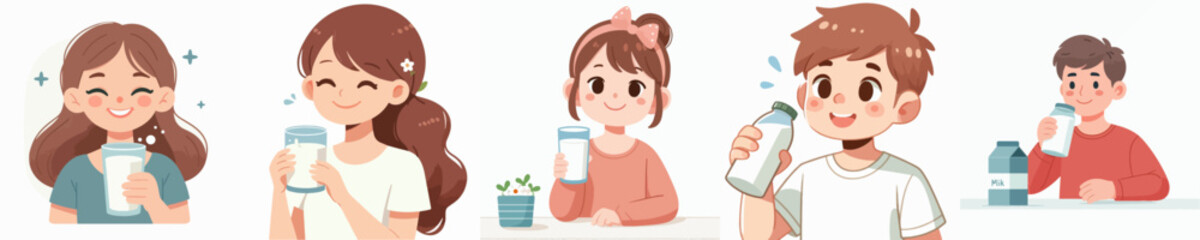 vector set of boy and girl drinking milk