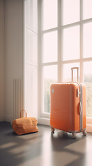  a suitcase with wheels on the floor in front of a window, with a bright and clean background