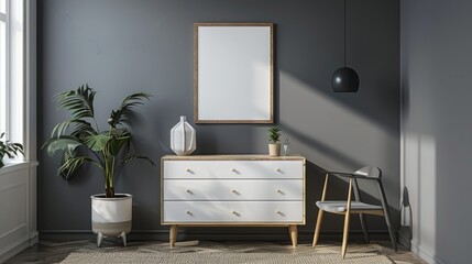 Gray living room interior with dresser and square poster hyper realistic 
