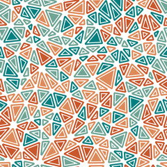 Pattern of triangle shapes. Rounded solid shapes in frames. Compact triangle size. Multiple colors style. Repeatable seamless vector illustration.