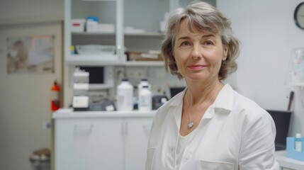 Fototapeta premium An adult woman in a white coat in a medical office. An experienced female therapist performs a medical examination. Medicine concept.