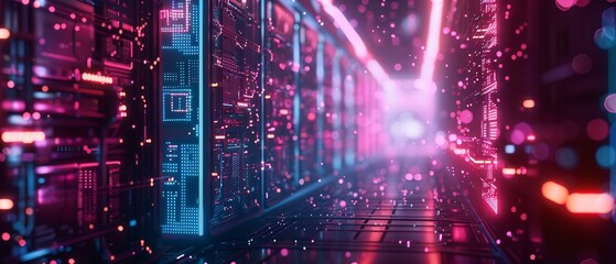 Obraz premium A neon pink and blue computer server room with a neon pink and blue light