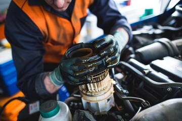 Mechanic Changing Oil Filter with Gloved Hands in a Well-Equipped Garage - Automotive Maintenance Scene