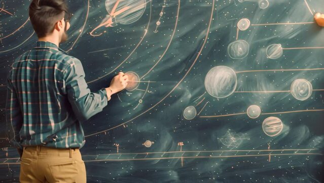 Teacher writing on chalkboard with drawn planets, explaining astronomy concepts, A teacher standing in front of a chalkboard, pointing to a diagram of the solar system
