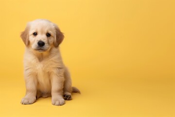 Studio portrait photo of a cute golden retriever puppy sitting against a background of pastel shades, with copy space.