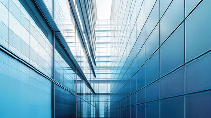 Close up of modern architecture in an industrial or office building with a metal wall glass door and a hi tech geometric steel structure featuring rectangles and parallel, Generative AI
