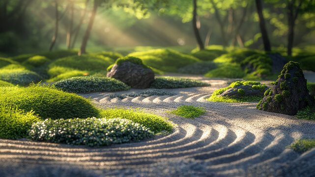 A Japanese zen garden with carefully raked sand patterns, lush green moss-covered rocks