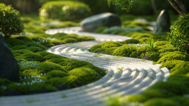 A Japanese zen garden with carefully raked sand patterns, lush green moss-covered rocks