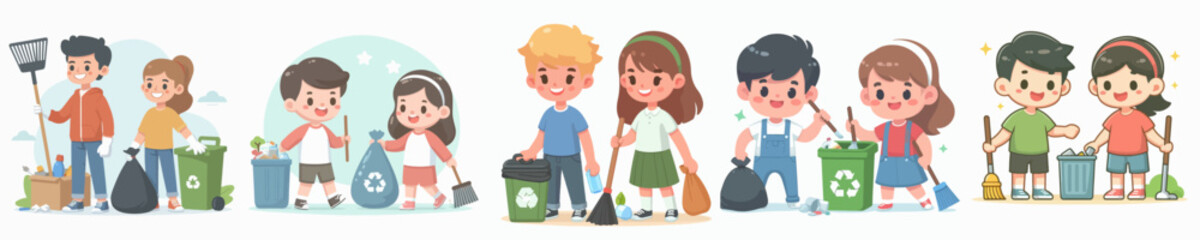 vector set of kid cleaning up trash