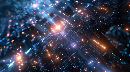 Fototapeta premium ech backdrop featuring glowing fiber optic links, quantum computing network, and electronic global intelligence