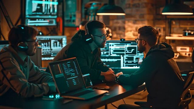 Group of people focused, working on laptops at table, A team of cybersecurity professionals working together to defend against a cyber attack