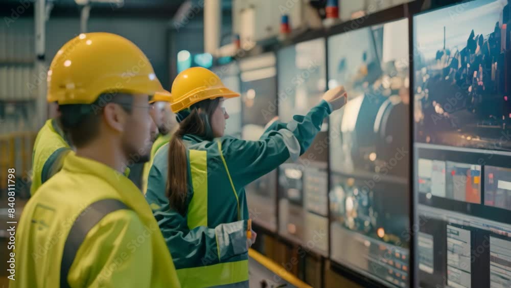 Poster two engineers in hardhats reviewing data on a large screen during training session, a team of engine