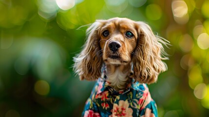 Portrait of cocker spaniel in summer clothes on nature background