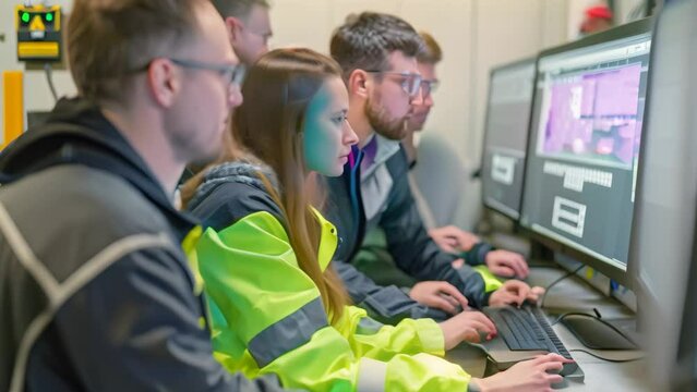 Group of people sitting in front of a computer screen, receiving training on SC equipment, A team of engineers conducts training on using a SCADA system for new operators