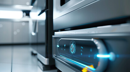 Close-up shot of smart cleaning equipment showcasing its sleek design and advanced features, including automated sensors and precision cleaning technology.