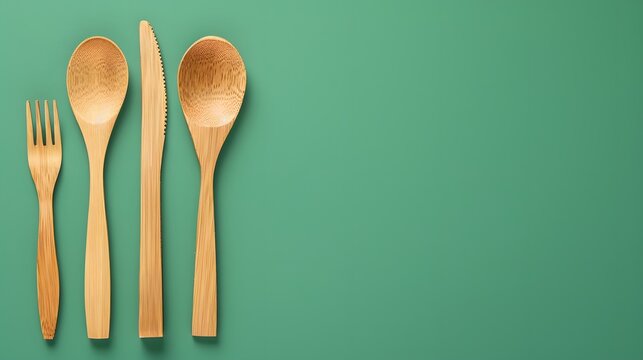 Natural wooden fork, spoon and knife on green background with opu space. 