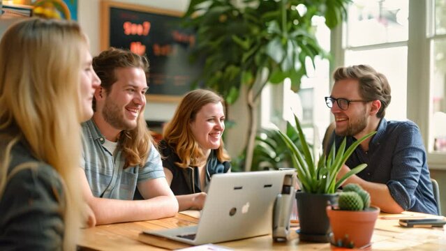 A team of happy entrepreneurs discussing plans while sitting around a wooden table, A team of happy entrepreneurs discussing plans for their next venture