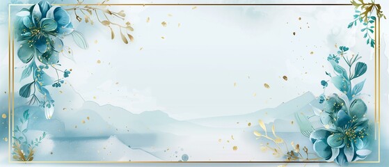 Watercolor painting blue floral landscape with gold frame gold confetti, pattern